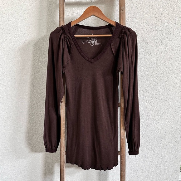 Pure T Brown Puff Shoulder Long Sleeve Top sz: 1 or Small - Picture 1 of 8